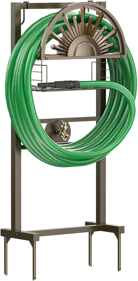 GOFORWILD Garden Hose Holder with Brass Faucet, Freestanding Water Hose Stand with Storage Basket, Detachable Heavy Duty Hose Reel Hanger Holds 150-Feet Hose for Outside Patio Yard Lawn