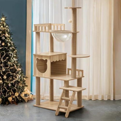 54-Inch Cat Tower, Multi-Level Pure Wood-Modern Cat Tree Tower with Condo, Cat Stairs, Bowl, 9 Sisal Scratching Posts, Top Perch, Toy Balls, Cat Tree for Indoor Cats Large Adult (KT-1022)