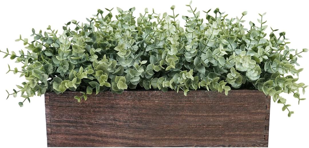 Winlyn 14" Artificial Eucalyptus in Rectangular Wood Planter Box Faux Plants Arrangement Centerpiece Wooden Potted Eucalyptus Plant for Farmhouse Wedding Dining Table Centerpiece Greenery Mantel Dcor