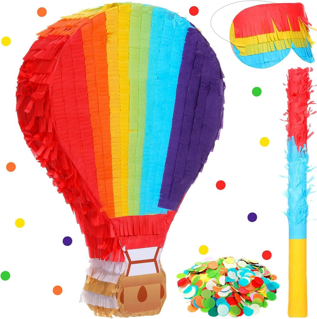 Wettarn 16" x 11" Inches Piata for Birthday Party Rainbow Hot Air Balloon Colorful Piata with Stick, Paper Blindfold and Confetti for Kids Girls Boys Birthday Baby Shower Party Supplies