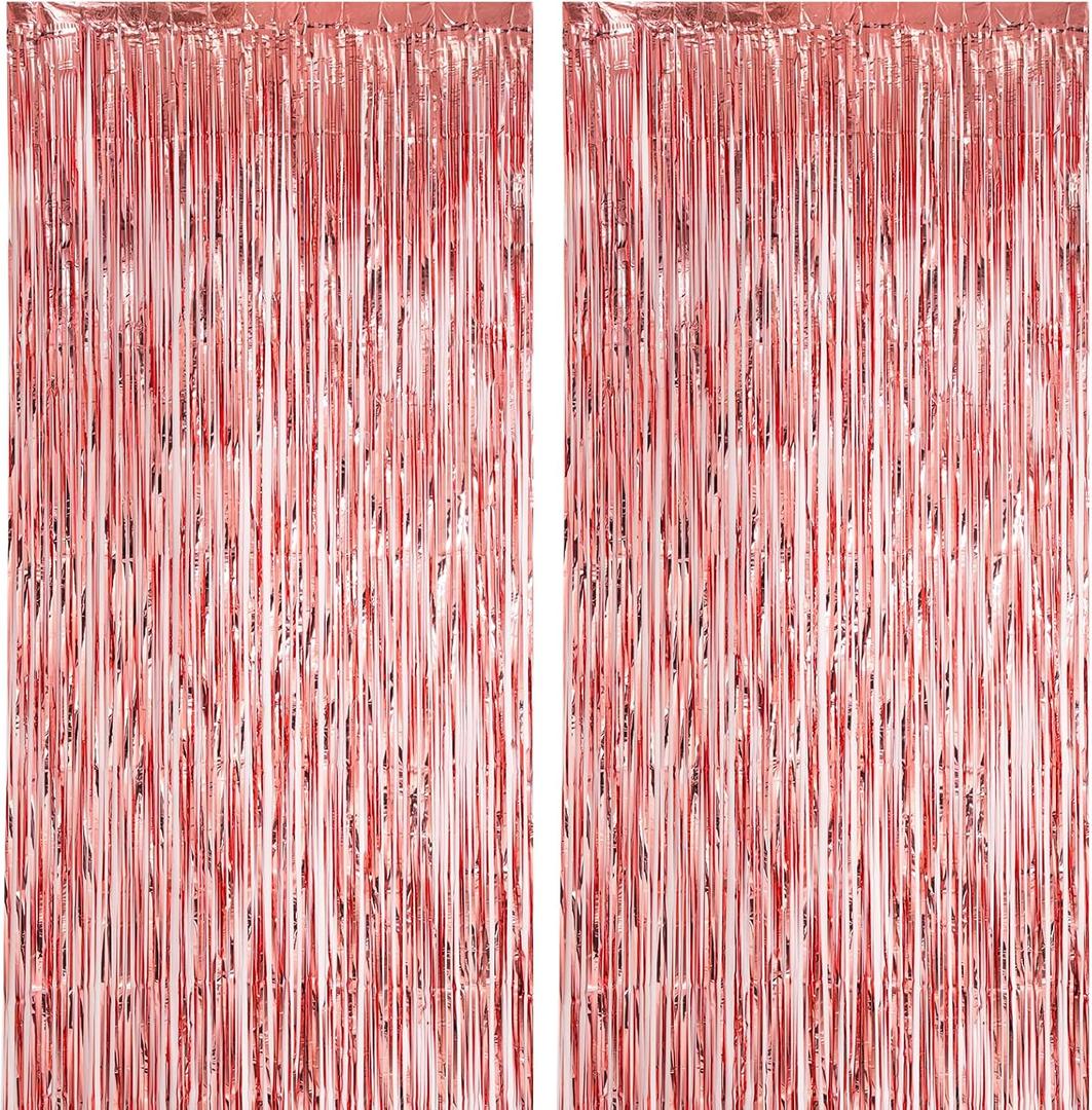 2 Pack Rose Gold Foil Fringe Backdrop Curtains, Tinsel Streamers Birthday Party Decorations, Fringe Backdrop for Graduation, Baby Shower, Gender Reveal, Disco Party (39.6"W x 98.4"L (Pack of 2))