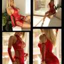 Avidlove Fishnet Lingerie Womens Mesh Chemise One Piece Babydoll Mini Dress Lace Sparkle Rhinestone Lingeries for Women (Red, M)