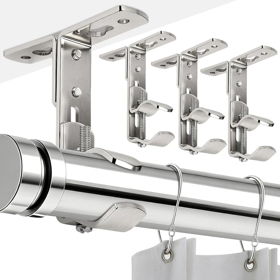 Curtain Rod Bracket, Adjustable Curtain Rods Holders Heavy Duty Ceiling Wall Mount Curtain Rod Hooks Hangers for 3/5 to 1 1/2 Drapery Rod, 4 Pack Silver