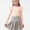 Girls Teen Clothes, Fall Winter Outfits Long Sleeve Ruffle Sleeve Top and Pleated Plaid Mini Skirt Set Size 7-14Y (Pink)