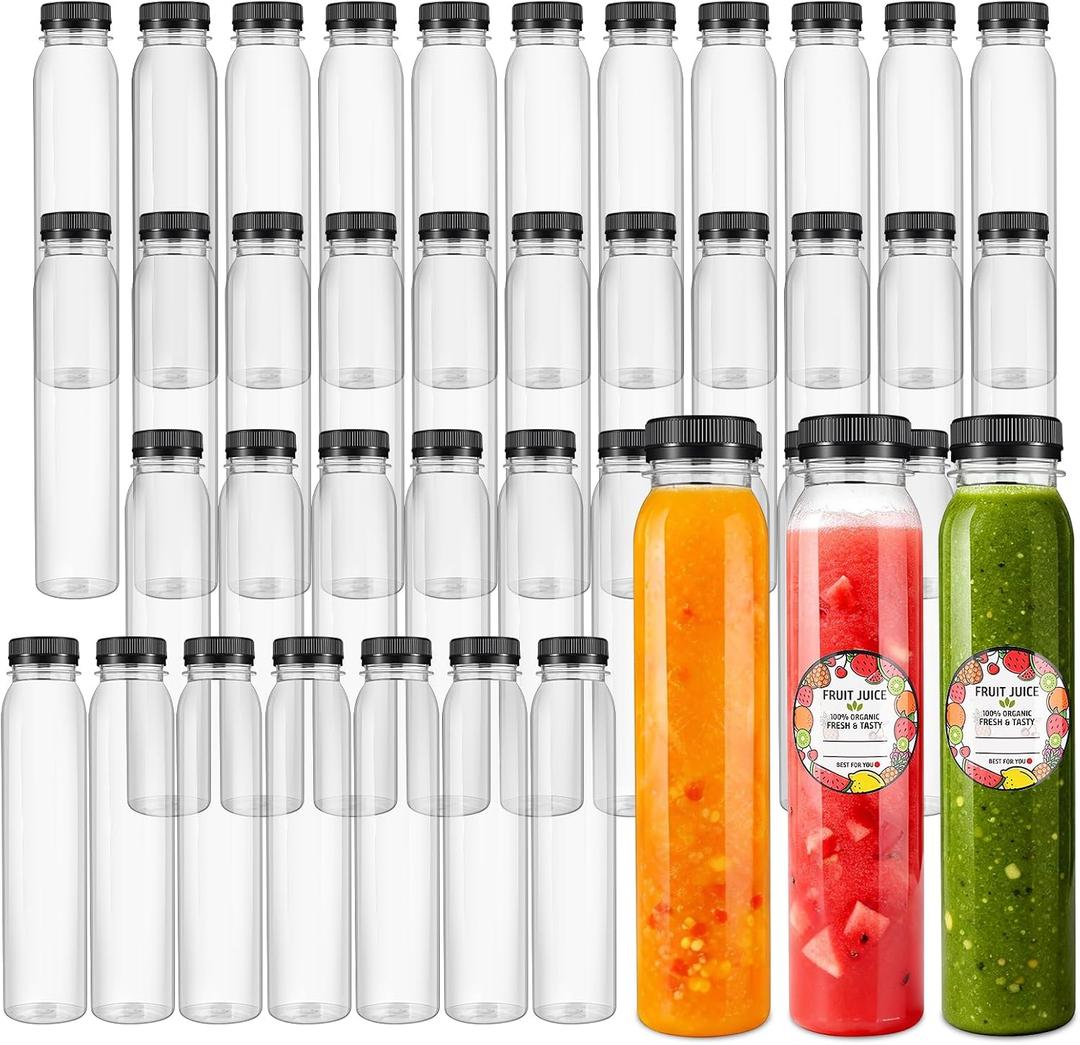 40 Pack PET 12oz Juice Bottles, Reusable Beverage Containers with Lids & Labels