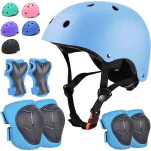 Kids Bike Helmet Set Adjustable for Children, Boys, Girls and Teenagers Aged 3-8 Years Includes Elbow, Knee, Wrist Guards Children's Helmet Protection Set for Bikes Skateboards Roller skates, Sky Blue, Medium
