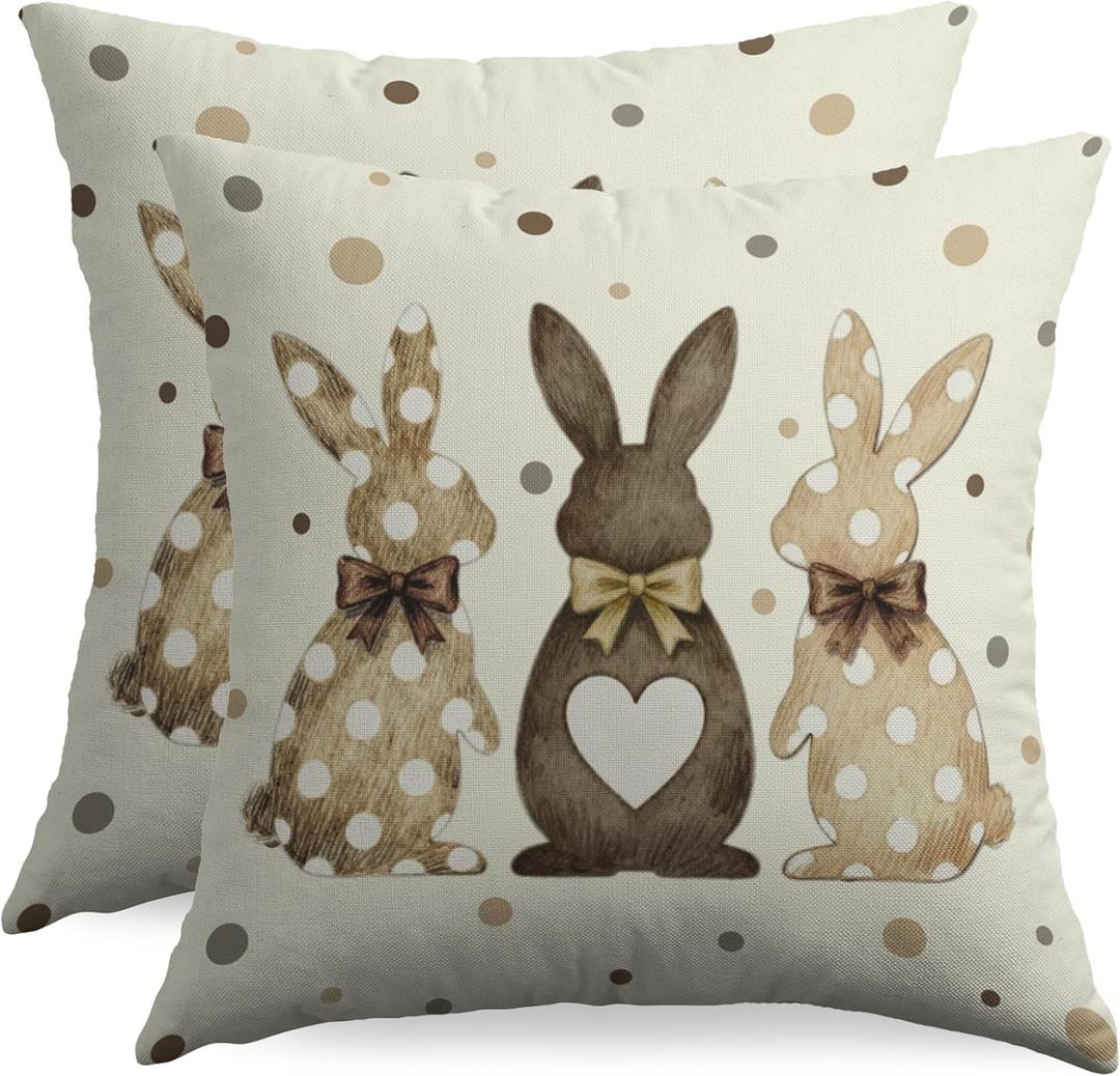 Easter Bunny Pillow Covers 20x20 Inch Set of 2 Brown Rabbit Bow Polka Dot Print Spring Holiday Decorative Throw Pillowcases Outdoor Seasonal Vintage Farmhouse Cushion Cases Decor for Sofa Couch Bed