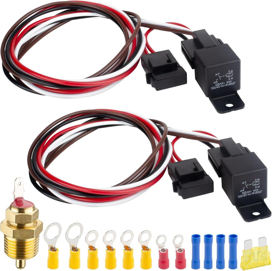 2 PCS Electric Fan Relay Kit, Dual Electric Fan Relay Kit, 185 Degree on 175 Thermostat Switch 40A Relays, 12V Cooling Radiator Fan Relays Wiring Kits for Replacing Faulty Wiring, Truck Engine Cooling