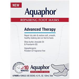 Aquaphor Repairing Foot Masks, Moisturizing Socks for Dry Feet, Hydrating Foot Care Treatment with Avocado Oil and Shea Butter, Pack of 5