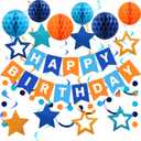 meowtastic Birthday Decorations, Happy Birthday Banner with Honeycomb Balls, Star Hanging Swirl Streamers, Circle Dots Garland, Happy Birthday Party Decorations for Women Girls (Blue & Orange)