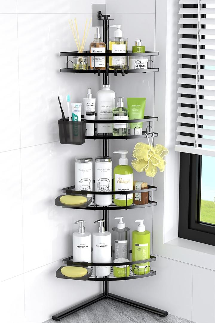 Floor Standing Corner Shower Caddy: 4-tier Rustproof Freestanding Shower Organizer Shelf for Inside - No Drilling Bathroom Rack Stand Black