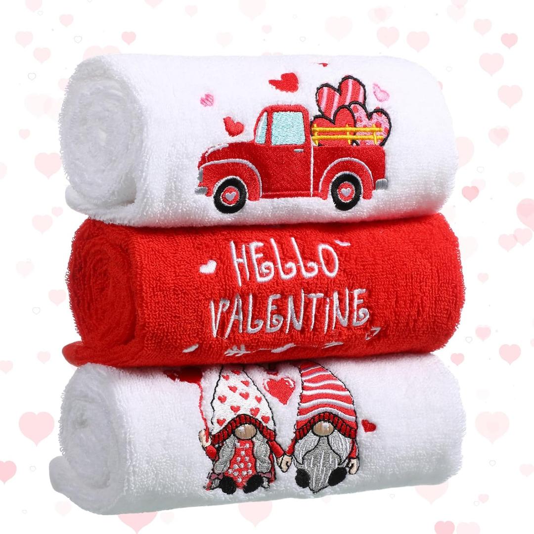 WovWeave 3 Pack Valentine's Day Bath Hand Towels Embroidered 100% Cotton 13.7 x 29.5 in Red Heart Love Bathroom Kitchen Decorations