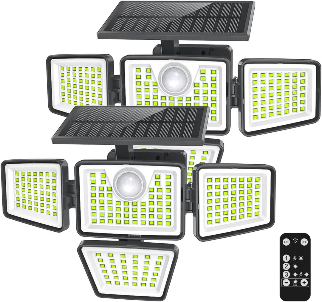daphino 3000LM Solar Lights Outdoor with Motion Sensor,4 Head 270 Wide Angle Street Area Lights,IP65 Waterproof Security Lighting with 3 Modes(Remote,2 Pcs)