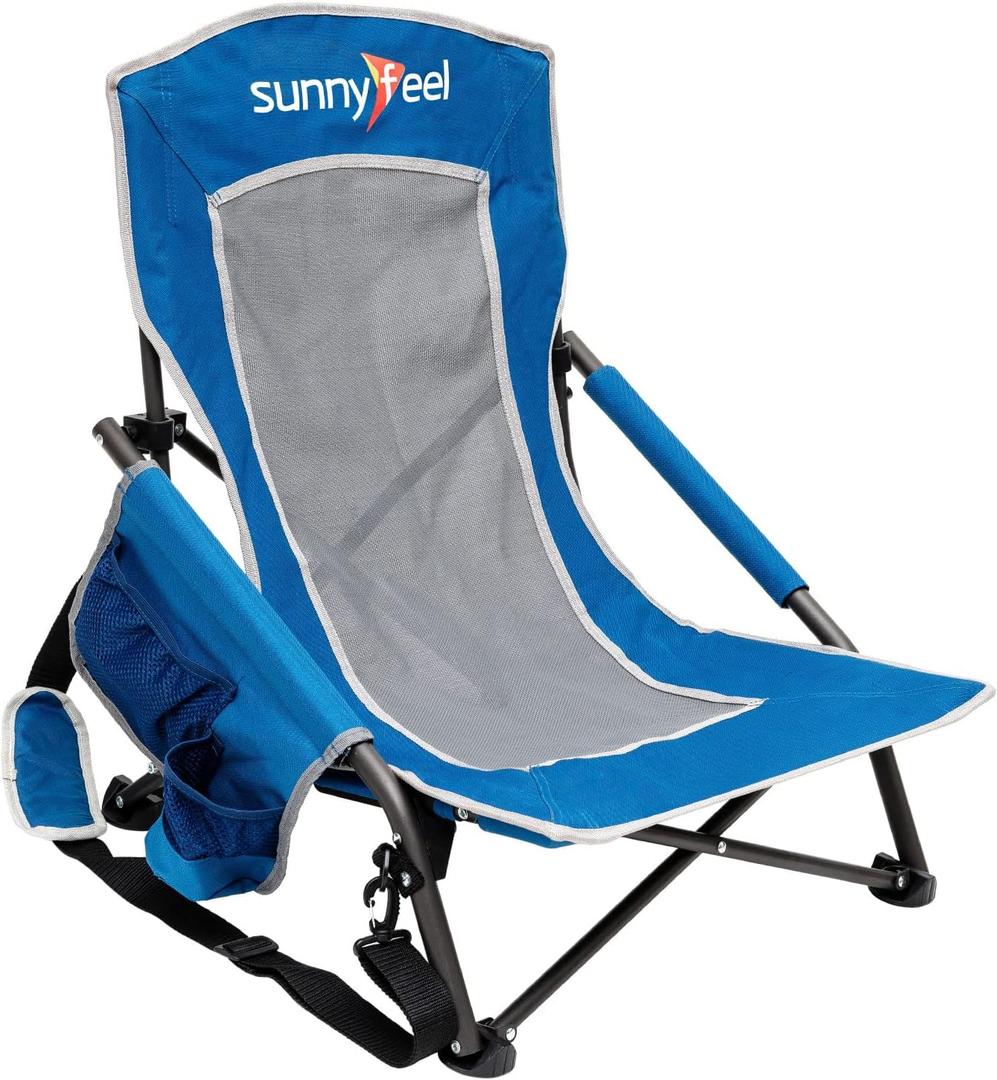 SUNNYFEEL Low Folding Beach Chair for Adults, Portable Lightweight Sling Beach Camping Chairs with Cup Holder, Armrest,Foldable Camp Lawn Chair for Outdoor Sand Concert Travel Sport Events,300LBS (Blue)