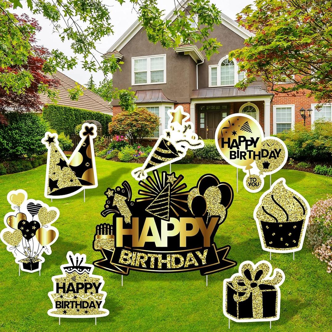 RUODON 8 Pack Black Gold Happy Birthday Yard Signs Balloon Birthday Hat Yard Sign with Stakes Outdoor Lawn Sign Decorations for Home Party Decorations