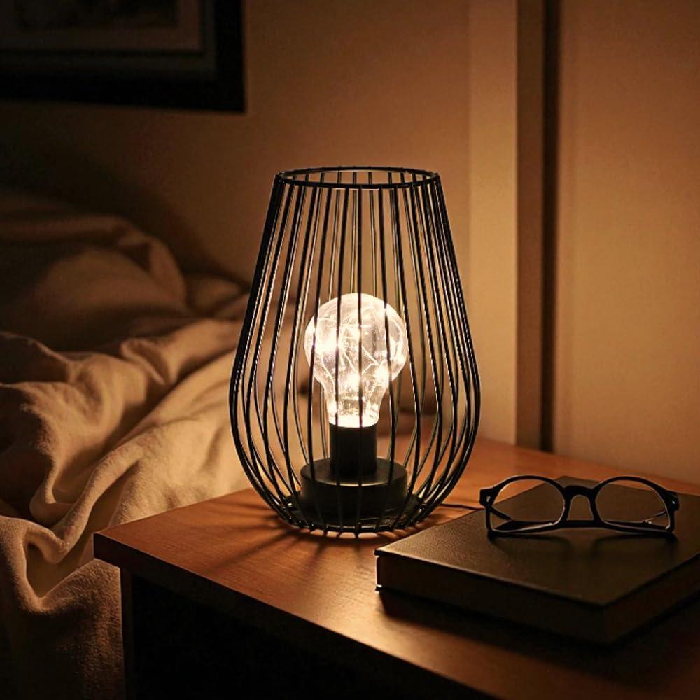 TRIROCKS Metal Cordless Table Lamp - 8'' Tall Cage Shape Battery Operated Lamp with Warm Fairy Lights Bulb for Indoor/Outdoor Use, Perfect for Christmas, Patio, Garden, and Weddings (Black)