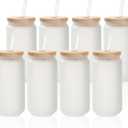 PYD Life 8 Pack Sublimation Glass Cans Blanks Frosted Bulk18 OZ with Bamboo Lid and Clear Glass Straw Beer Cans Wide Mouth Jar Tumbler Cups Mugs for Iced Coffee,Juice,Soda,Drinks,Beer