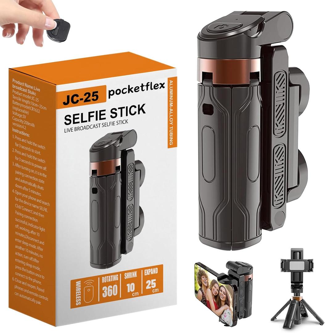 Pocketflex Mini Tripod, 360 Swivel, Extends 10-25 cm, Portable Mini Selfie Stick with Remote Cell Phone Holder (Black)