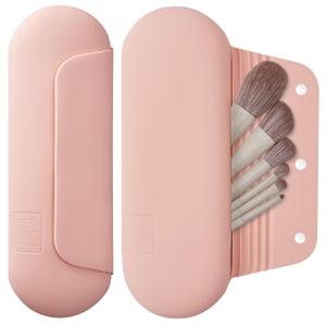 Silicone Makeup Brush Holder Travel Cosmetic BagSoft Portable Cosmetic Face Brushes Holder with Upgrade Anti-Fall Out Magnetic Closure, Large Travel Makeup Brush Case - Pink Sand