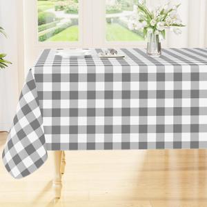 Rectangle Table Cloth, Waterproof Vinyl Tablecloth with Flannel Backing, Wipeable Buffalo Plaid Table Cover for Dining, Indoor and Outdoor (Grey & White, 60"x102")