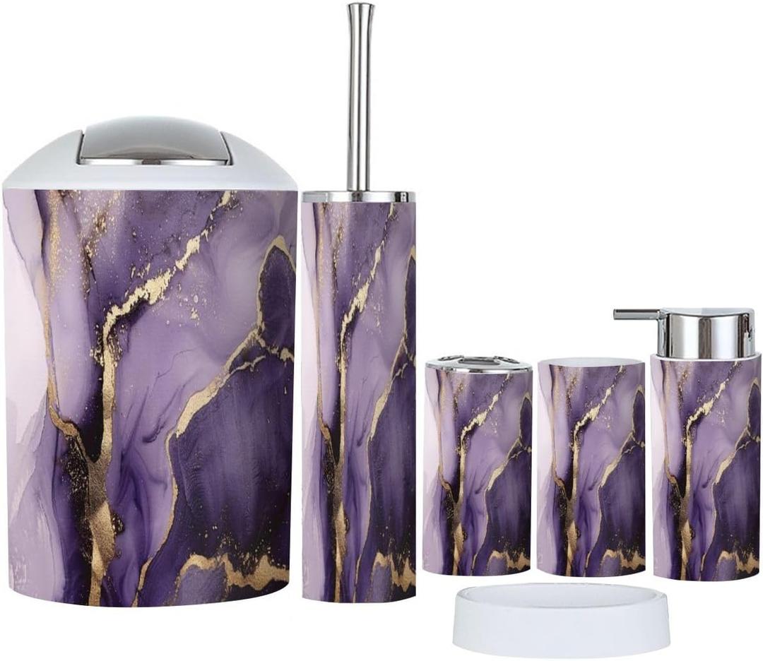 Bathroom Accessory Set 6 Piece Purple Marble Gold Stripes Alcohol Ink Luxury Violet Black Watercolor Toothbrush Holder, Toothbrush Cup, Soap Dispenser, Soap Dish, Toilet Brush Holder, Trash can