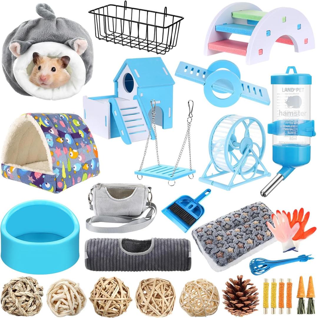 24 Pcs Small Guinea Pig Starter Kit Essentials for Hamster Cage Accessories Toys House Bed Cage Cleaner Food Bowl Water Holder Carrier Bag Teething Toys Liner Tunnel for Beginner (Blue)