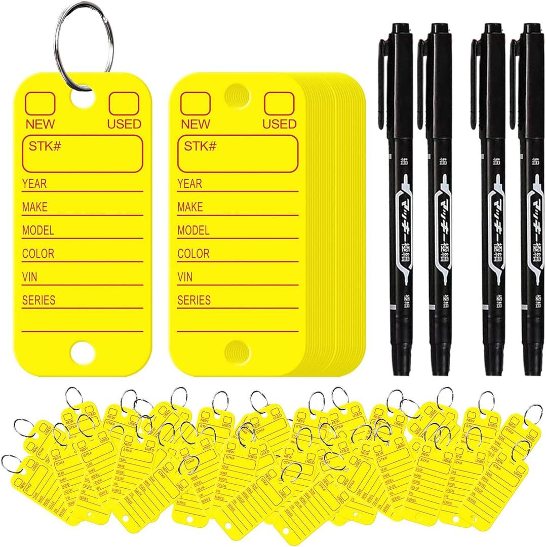 500 Pcs PVC Tags with Labels and Rings, Car Key for Organization, Identifiers, and Luggage Tags with 4 Pcs Markers, Plastic Keychain Tags for Car, Truck, and Dealer Use,500pcs Yellow