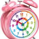Peakeep Loud Analog Alarm Clock for Kids Learning Telling Time Teaching, 4" Twin Bell Alarm Clock Battery Operated for Heavy Sleepers Adults Teenagers Kids (Pink-rainbow)