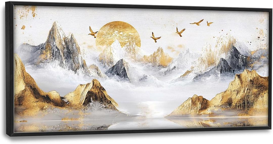 Extra Large Framed Abstract Mountain Wall Art,Golden Silver Sun Bird Wall Decor,Mountain Landscape Pictures for Living Room,Canvas Print Painting Modern Artwork Bedroom Office Bathroom 60L x30W