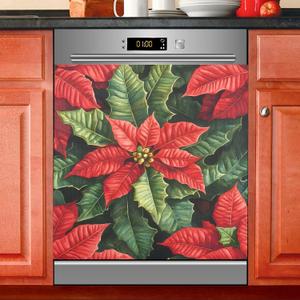 Red Poinsettia Flowers Christmas Lights Dishwasher Magnet Cover Sticker Magnetic Refrigerator Panel Front Door Fridge Microwave Decal Decorative