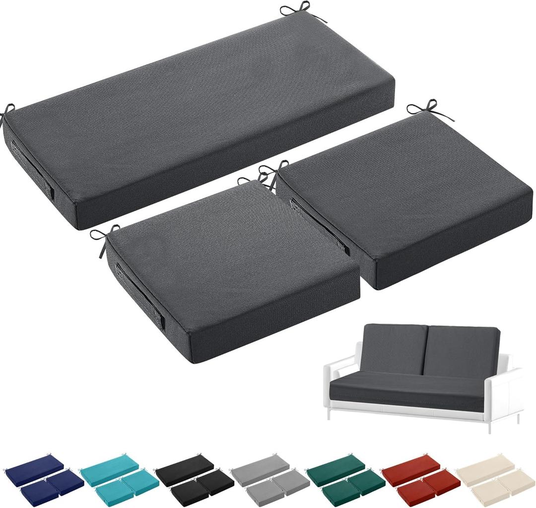 Leinuosen 3 Pcs Outdoor Chair Cushions Set 44 x 19 Inch Loveseat Tufted Waterproof Patio Furniture Love Seat Pad Cushion for Square Settee Indoor Sofa Wicker Couch Bench (Dark Gray)
