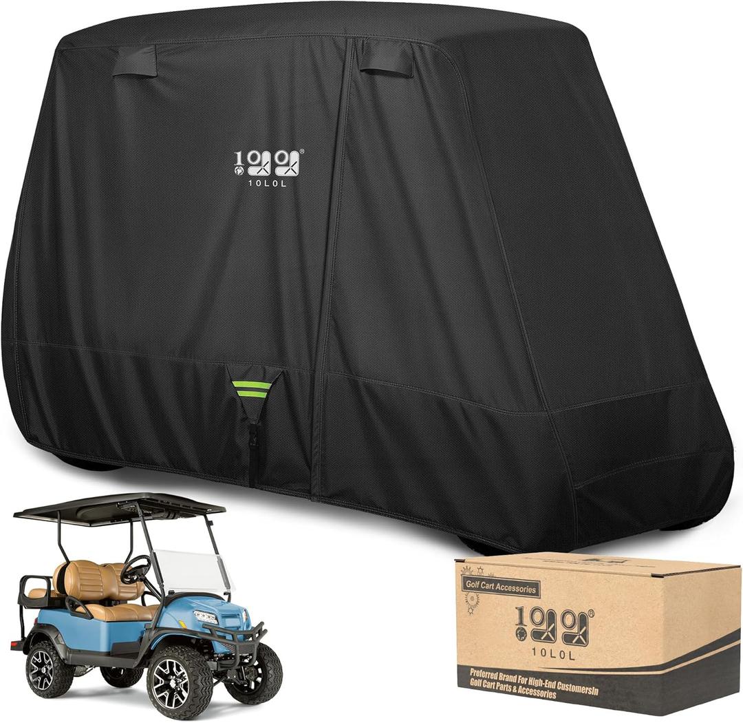 10L0L 2/4/4+2 Passenger Golf Cart Cover Upgrade Extended Roof, 600D Waterproof Snowproof Windproof Sunproof Durable Full Golf Cart Covers for Yamaha,EZGO,Club Car and Other (Classic Black)