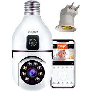 6MP Dual-Lens Light Bulb Security Camera, TUYA Indoor 360 Pan/Tilt WiFi Cam with Auto Tracking, Color Night Vision, Motion Alerts, 2-Way Audio, Pet/Baby Monitor, E27 Socket
