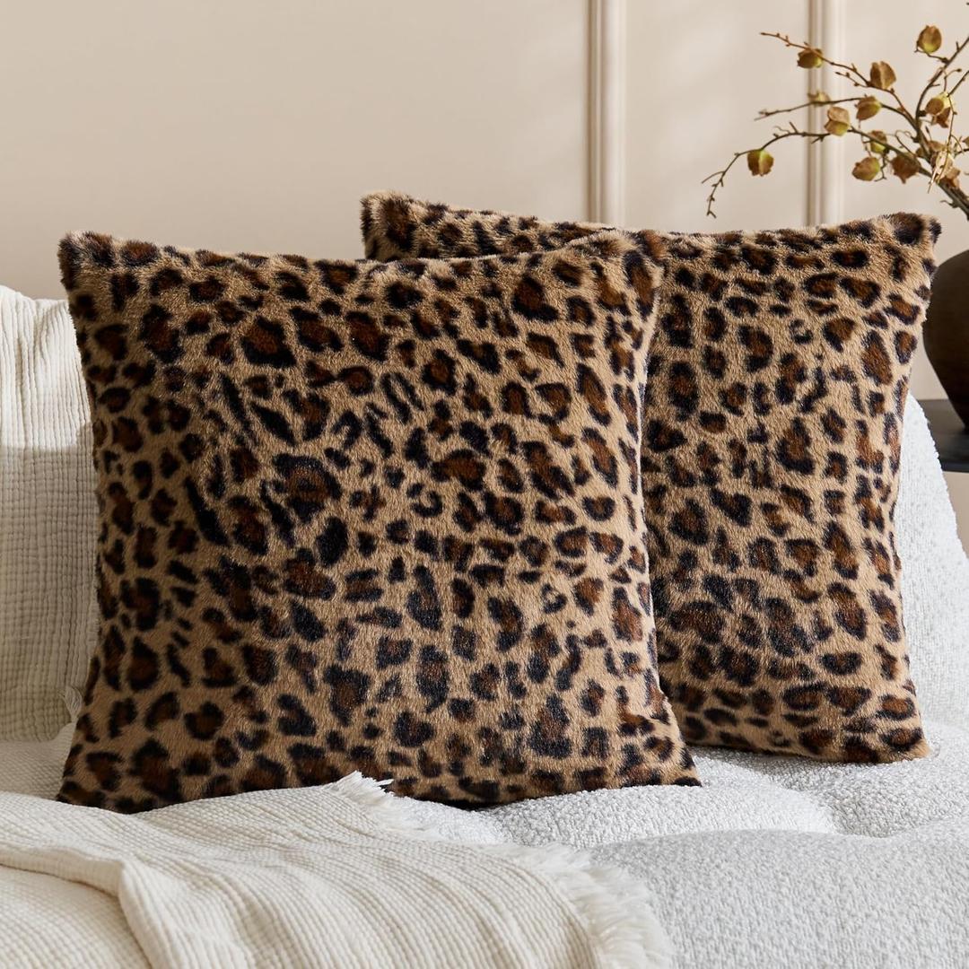 KINDREX Leopard Print Faux Fur Pillow Covers 18x18 Set of 2, Cloud-Like Soft & Fluffy Cheetah Cushion Cases, Eye-Catching Decor for Living Room Sofa Bedroom Decor