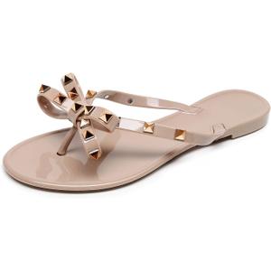 Studded Jelly Shoes for Womens Bow Flip Flops Jellies Sandals Flat Black Summer Beach Thong with Rivets Strappy Slides Slip On (8, Beige)