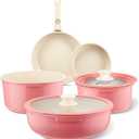 IKTU Ceramic Pots and Pans Set Non Stick Pink, 8 Pcs Nonstick Cookware Set with Detachable Handle RV Camping Induction Kitchen Cookware Set Non Stick, PFAS PFOA & PTFE Free