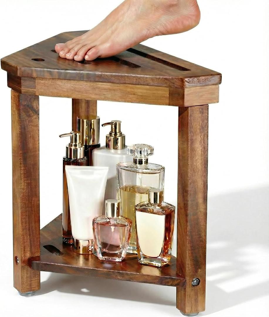 Acacia Wood Shower Stool for Shaving Legs, Shower Foot Rest with Storage Shelf for Inside Small Shower Spaces, Waterproof Shower Foot Stool for Inside Shower, Corner Bath Shower Bench