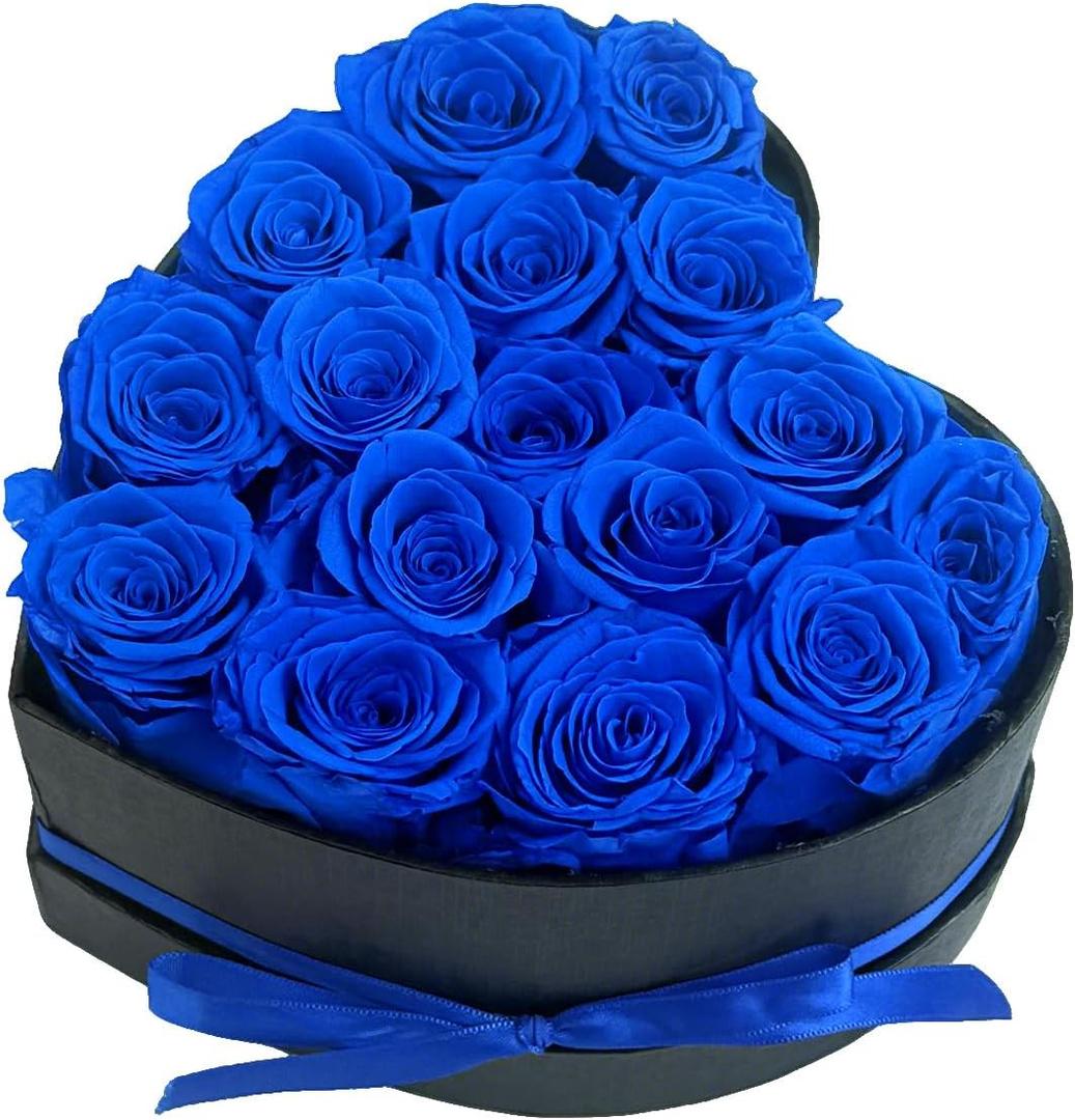 Preserved Roses Heart Shape Box Valentines Day Gifts for Her Mothers Day Forever Flowers (Blue, 16 Roses)