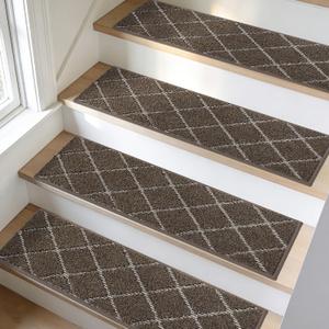 BEQHAUSE Stair Treads Non Slip Stair Runners for Wooden Steps Machine Washable Stair Rugs Soft Polyester Stair Runner Mats for Dogs Kids Brown Carpet Stair Treads,4PCS
