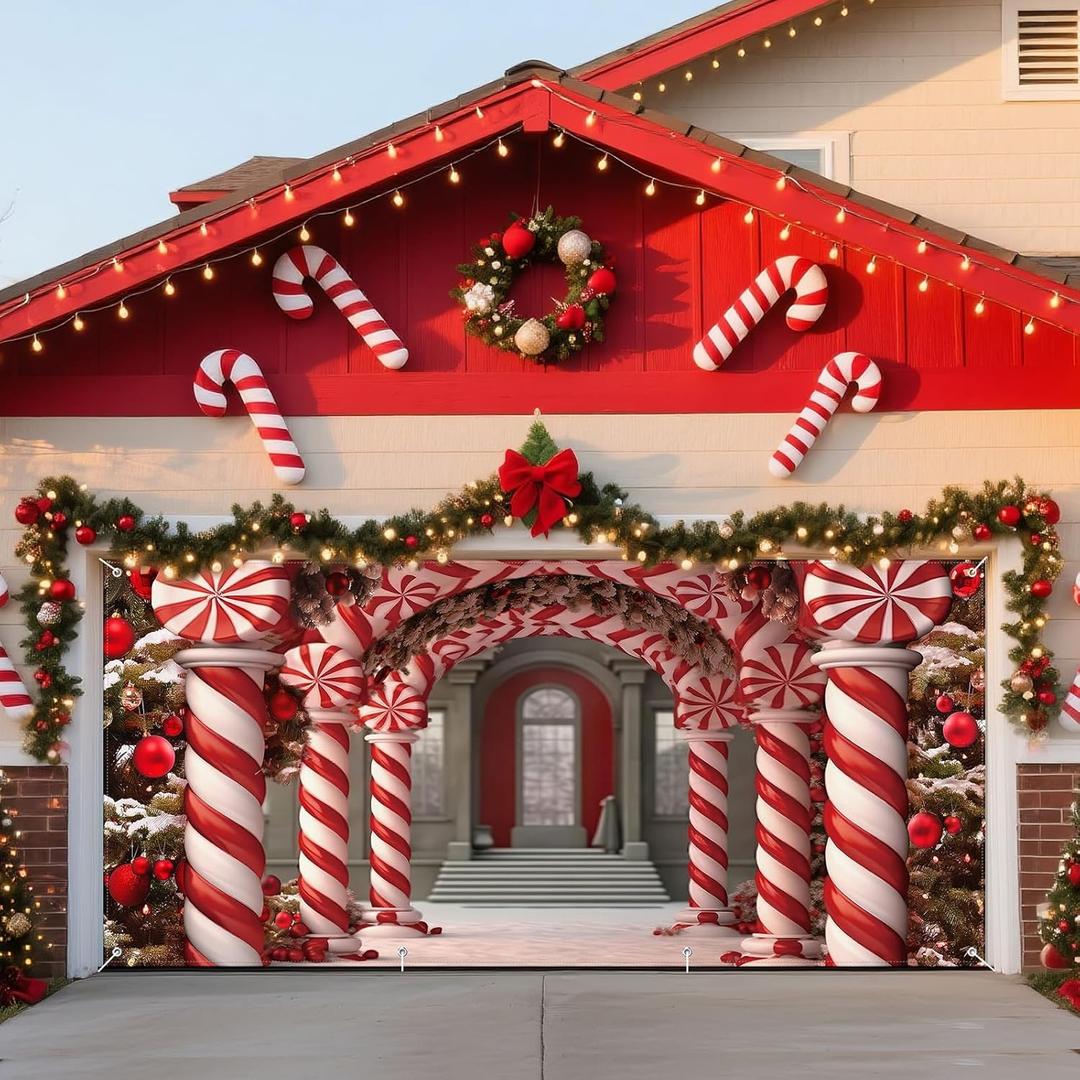 HunnmingRe 7 x 16 ft Christmas Garage Door Cover, Large Lollipop Holiday Garage Door Christmas Decorations Banner Backdrop Hanging Photography Decor for Indoor Outdoor House Lawn Party Background
