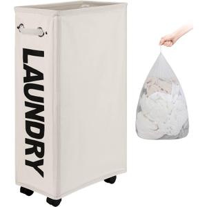 DOKEHOM 29-Inches Enlarged Slim Laundry Basket with Removable Wash Bag on Wheels, Collapsible Rolling Laundry Hamper, Foldable Narrow Corner Clothes Storage Bins (Beige)