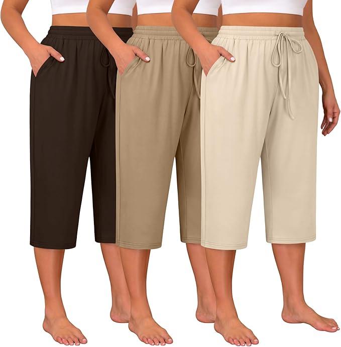 Huukeay 3 Pack Women's Plus Size Capris, Drawstring Cotton Yoga Capri Sweatpants Summer Casual Loose Cropped Pant with Pocket, Size XL