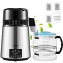 VEVOR 1.1Gal Water Distiller, 0.3Gal/H, Distilled Water Maker Machine 750W 0-99H Timing Set Temp Display, 304 Stainless Steel Countertop Distiller Plastic Carafe Cleaning Powder 3 Carbon Packs