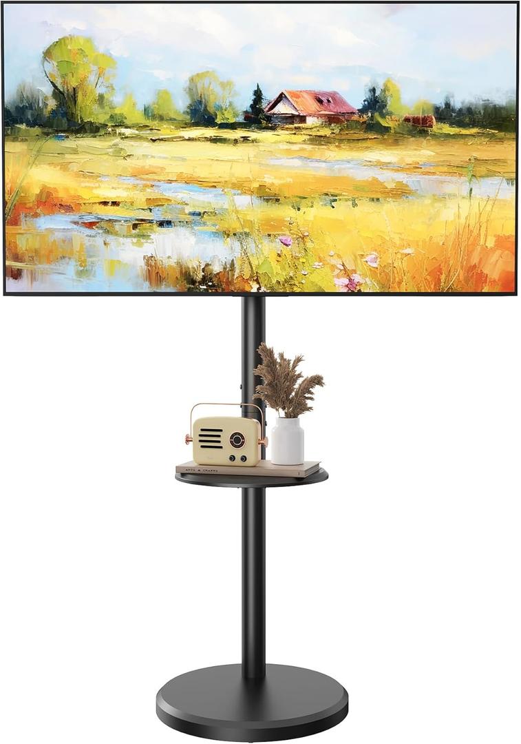 Rolling TV Stand for 10-46 Inch TVs, Small Mobile TV Cart with Shelf and Hidden Wheels,Portrait to Landscape,Modern Floor Mobile TV Stand for Living Room,Height Adjustable,Max VESA 200x200mm (Black)