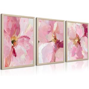 Abstract Floral Wall Art Pink Flower Canvas Pictures Modern Wall Decor Blush Pastel Pink Prints Peony Painting Minimalist Poster Botanical Artwork for Bedroom Living Room 12x16x3 Inch Wood Framed