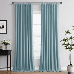 Hokibero 100% Blackout Curtains Faux Linen Textured 90 Inches Long for Bedroom Living Nursery Boys Room Darkening Thermal Insulating Black Out Curtains for Patio Door Summer Winter Heat Blocking Blue