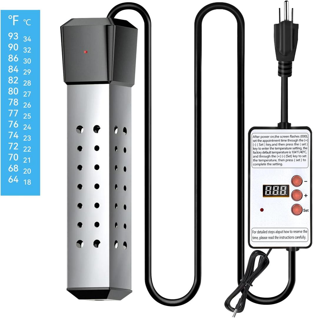 2000W Immersion Water Heater - Constant Temperature Electric Submersible Model With Stainless Steel Guard Cover and Built-in Digital LCD Thermometer