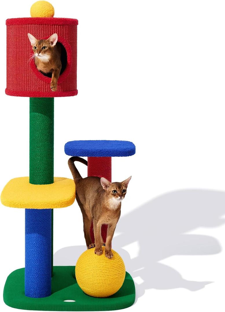 VETRESKA 48.4" Cat Tower, Multi-Level Cat Tree with Semi-Enclosed Sisal Cave, Sisal Scratching Posts and Cat Rest Platform, Indoor Cats Furniture Activity Center for Large Cats Kittens (Chroma-Top Enclosed Condo)