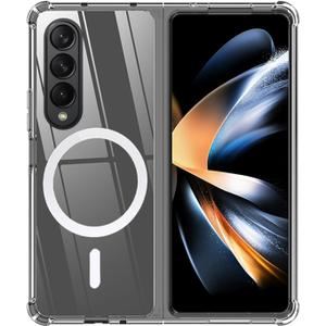for Samsung Galaxy Z Fold 4 Magnetic Clear Case, Compatible with Wireless Charger and Magsafe Card Wallet, Simplistic Transparent Shockproof and Drop-Proof Case