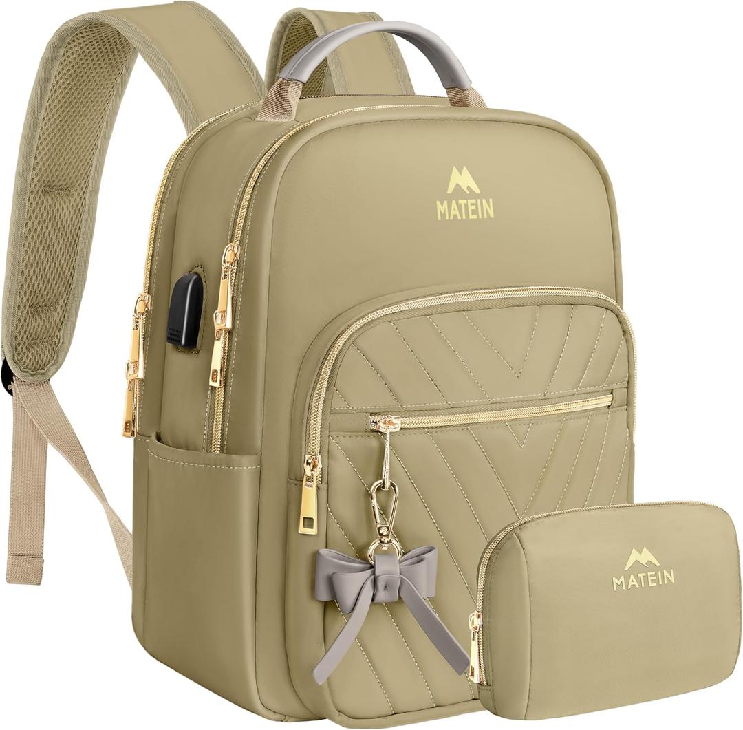 MATEIN Small Backpack purse for Women, Fashion Mini Purse Backpack with USB Charging Port, Waterproof Casual Daily Cute Shoulder Bag Ladies Handbags for Travel Work College, 2pcs Sets, Champagne